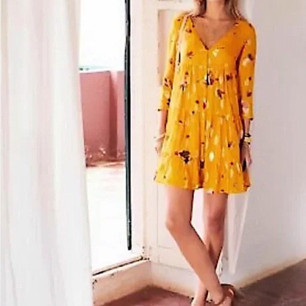 Sezane Yellow Smocked Sundress with Bell Sleeves